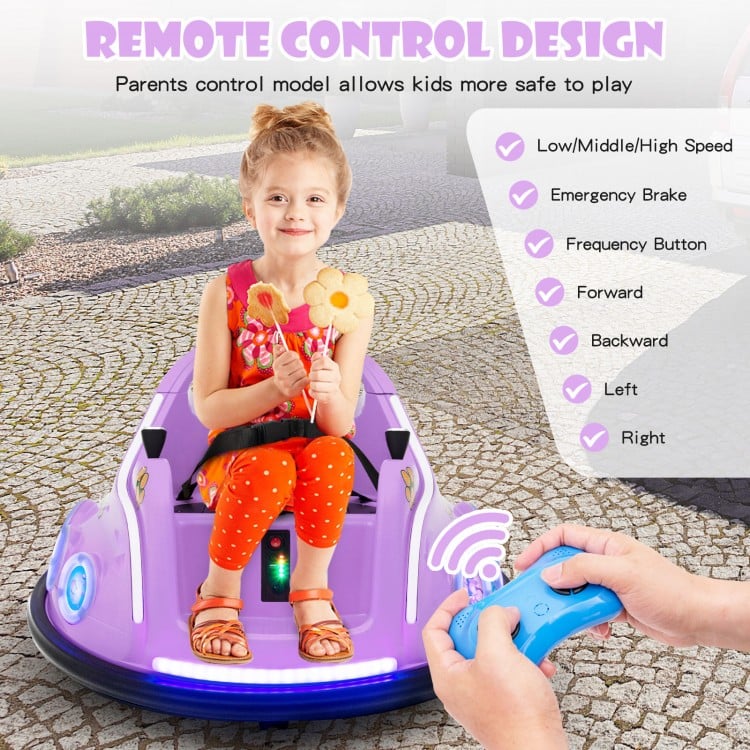 Close-up of the purple 12V electric ride-on car's remote control, featuring joystick functions and emergency brake for.